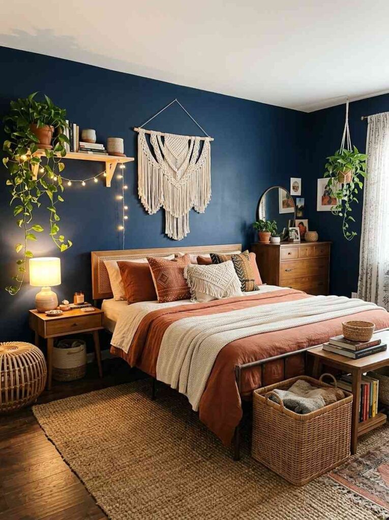 Navy blue boho bedroom with macrame wall hanging rattan accents terracotta pillows and trailing plants in a creative free spirited style