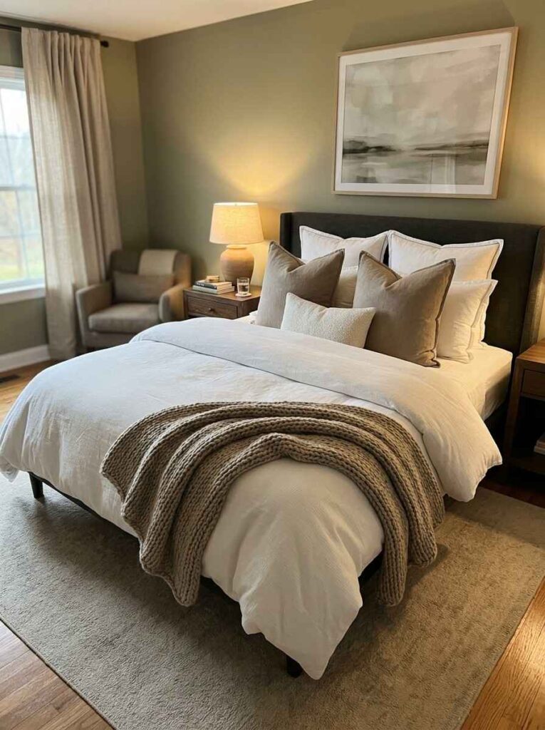 Hotel inspired layered bedding with white linen Euro pillows and chunky knit throw in couples bedroom