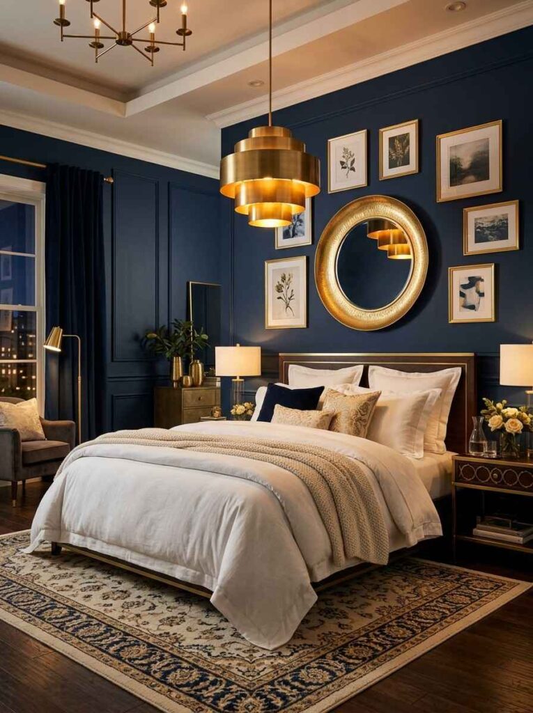 Navy blue and gold bedroom with brass pendant light gold mirror white bedding and warm amber lighting for a luxurious feel