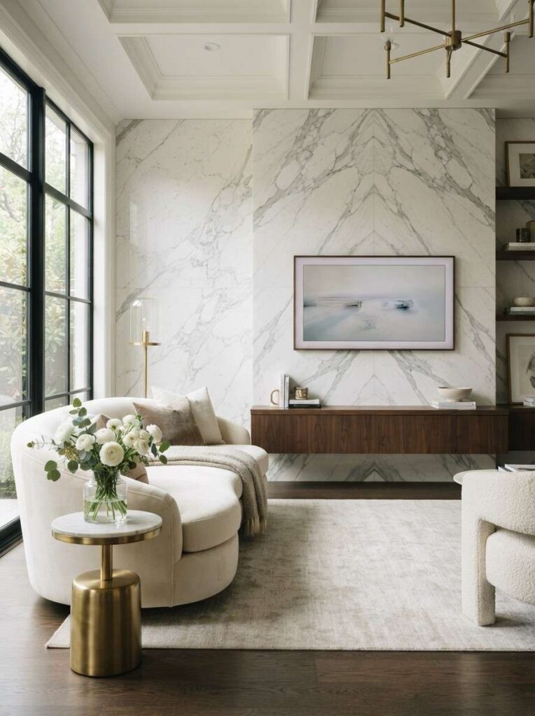 White Carrara marble feature wall behind TV with cream velvet sofa and gold brass accents in luxury living room
