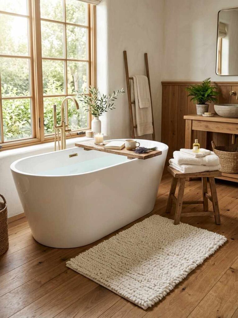 Soft plush cotton bath rug beside a bathtub in a warm modern bathroom.