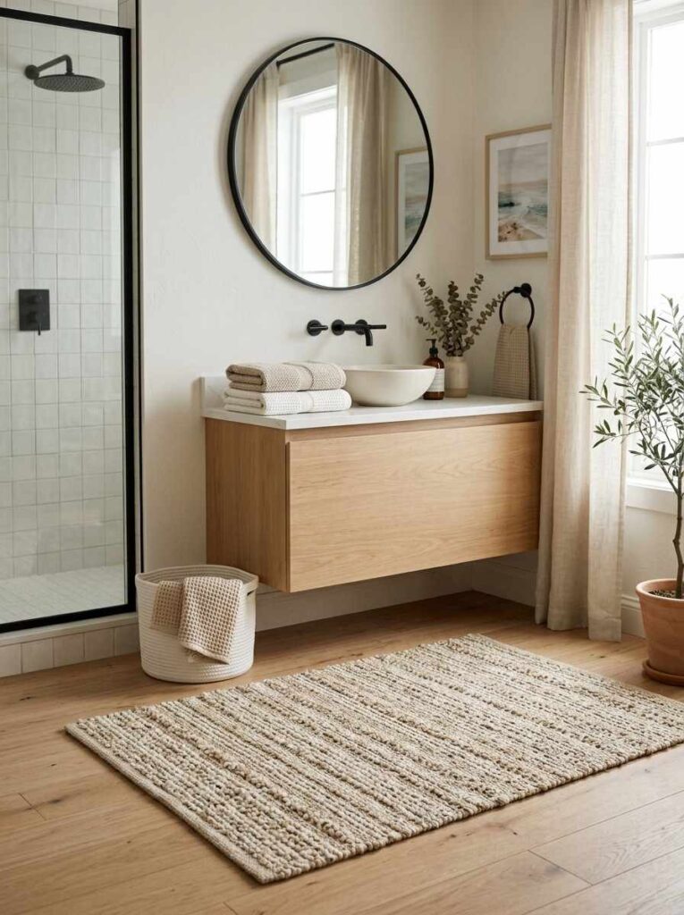 A textured neutral bathroom rug in warm oatmeal tones, modern coastal bathroom design, matte black fixtures, folded linen towels, soft natural lighting, calm and elegant atmosphere.