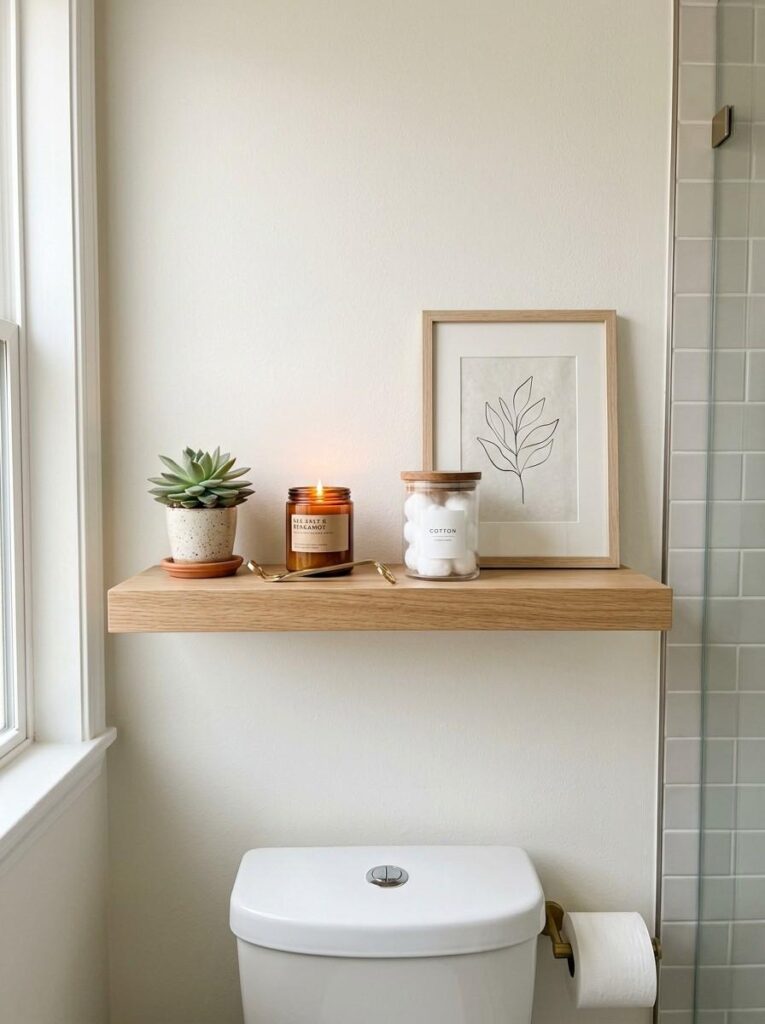 Styled floating shelf above toilet with succulent candle glass jar and framed print in bathroom