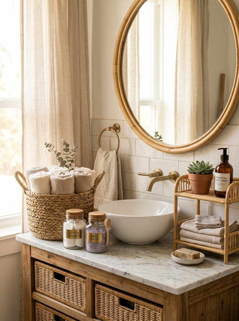 Woven seagrass basket with rolled towels and glass apothecary jars on styled bathroom vanity