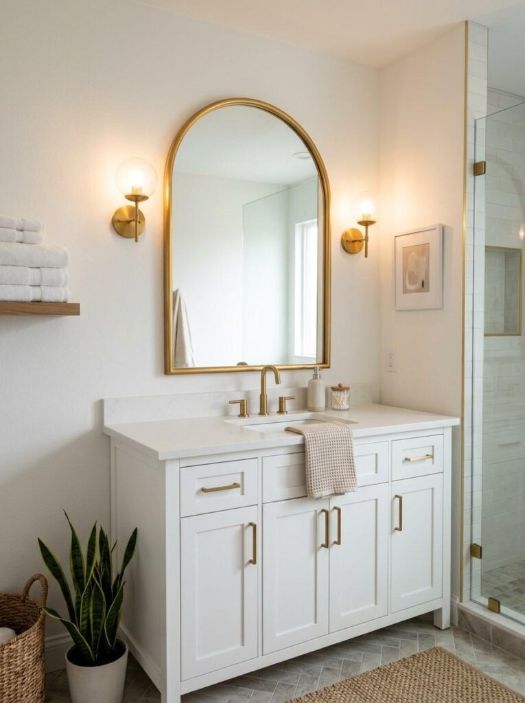 Large arched gold framed statement mirror above white bathroom vanity with warm lighting