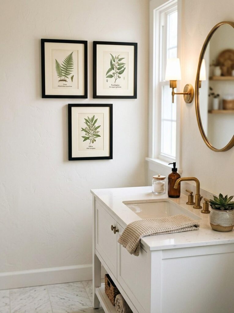 Three framed botanical prints in black frames arranged as gallery wall above white bathroom vanity