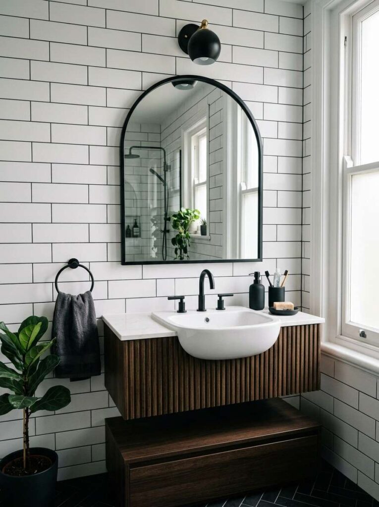 Modern bathroom with matte black taps black framed mirror and black accessories on white subway tiles