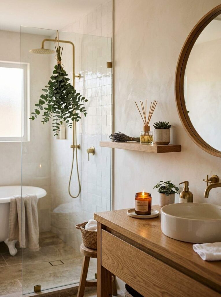 Bathroom with lit candle reed diffuser and eucalyptus bundle on shower head for spa scent experience