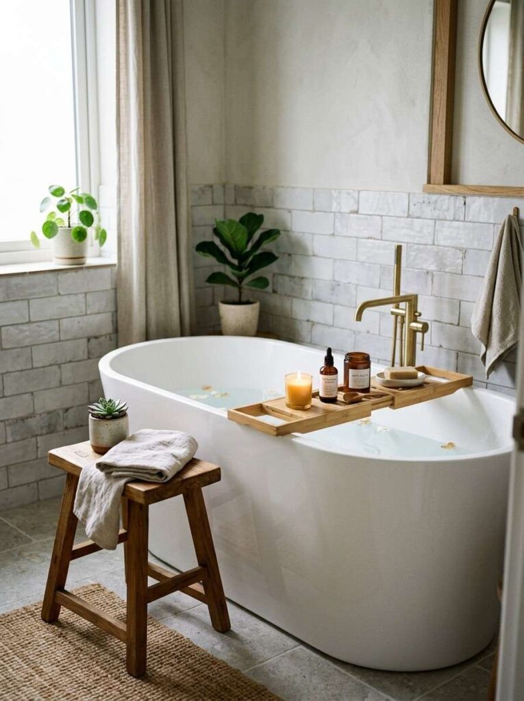 Teak wooden stool beside freestanding bath with bamboo tray holding skincare in calm bathroom