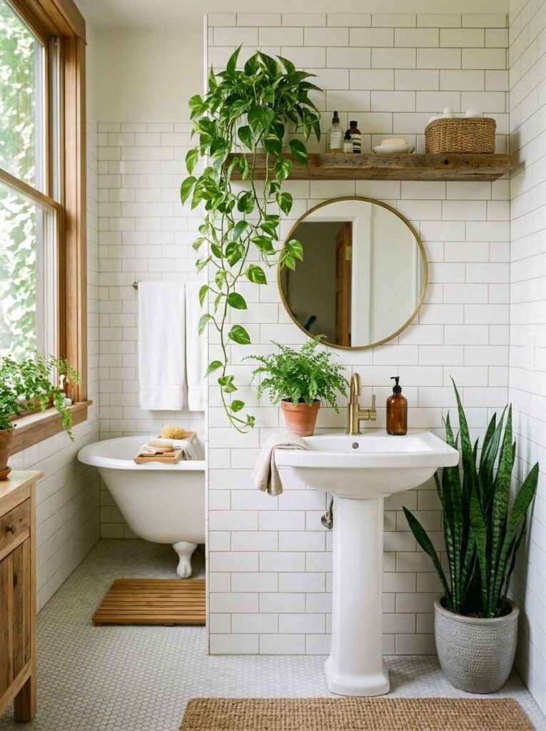 Bathroom with trailing pothos fern and snake plant adding fresh greenery to white tiled space