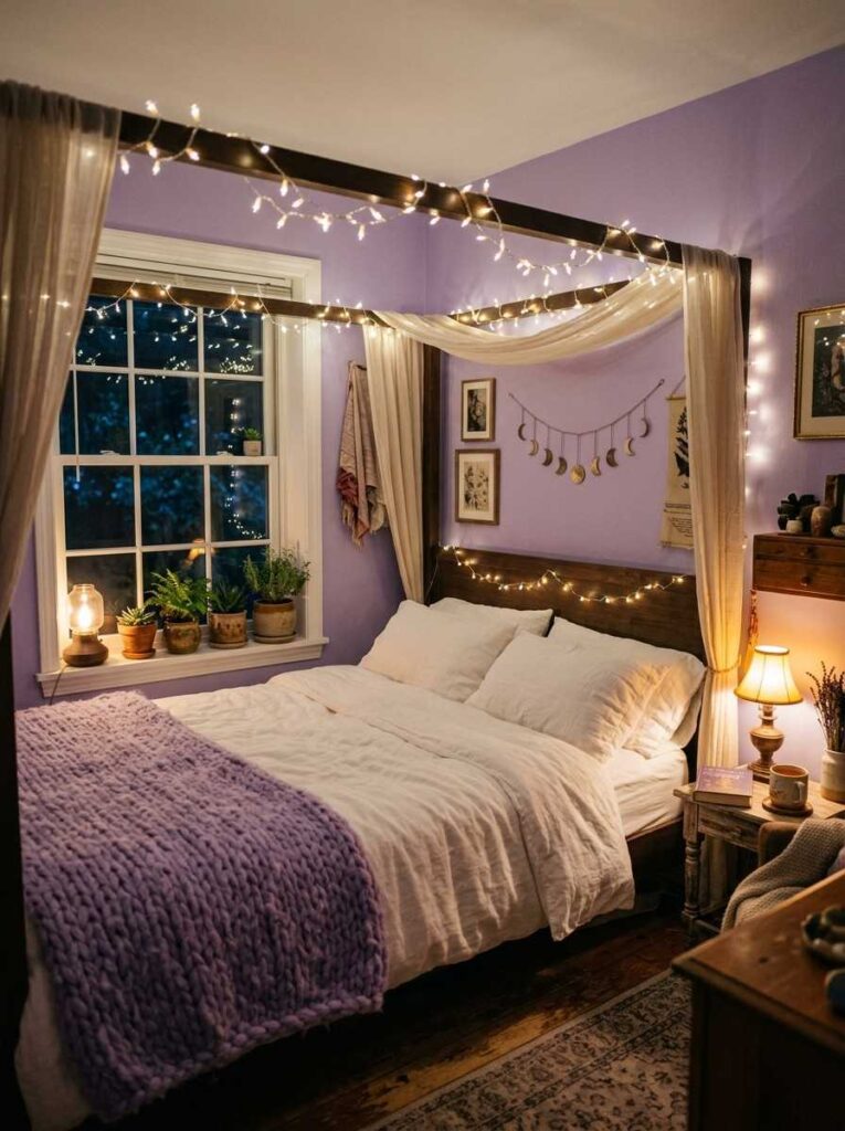 Purple bedroom with warm white fairy lights draped over a canopy bed creating a magical nighttime atmosphere