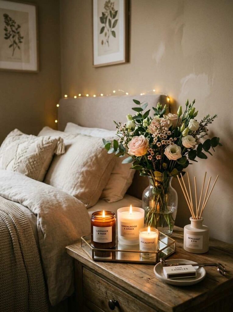 Scented candles on mirrored tray with reed diffuser and fresh flowers on bedroom nightstand