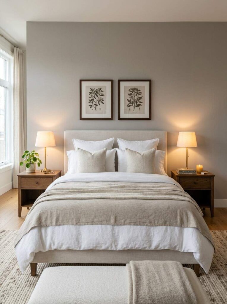 Matching his and hers nightstands with bedside lamps on each side of couples bed