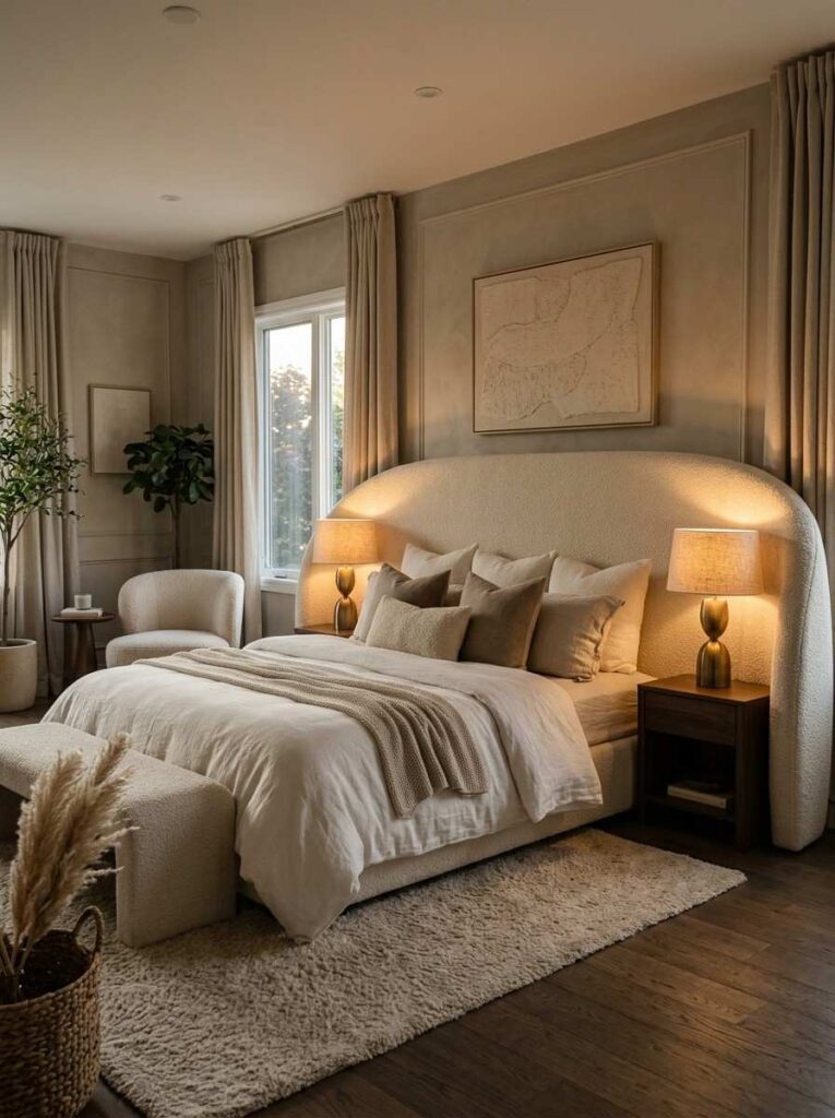 Oversized curved bouclé statement headboard with soft neutral bedding in couples bedroom