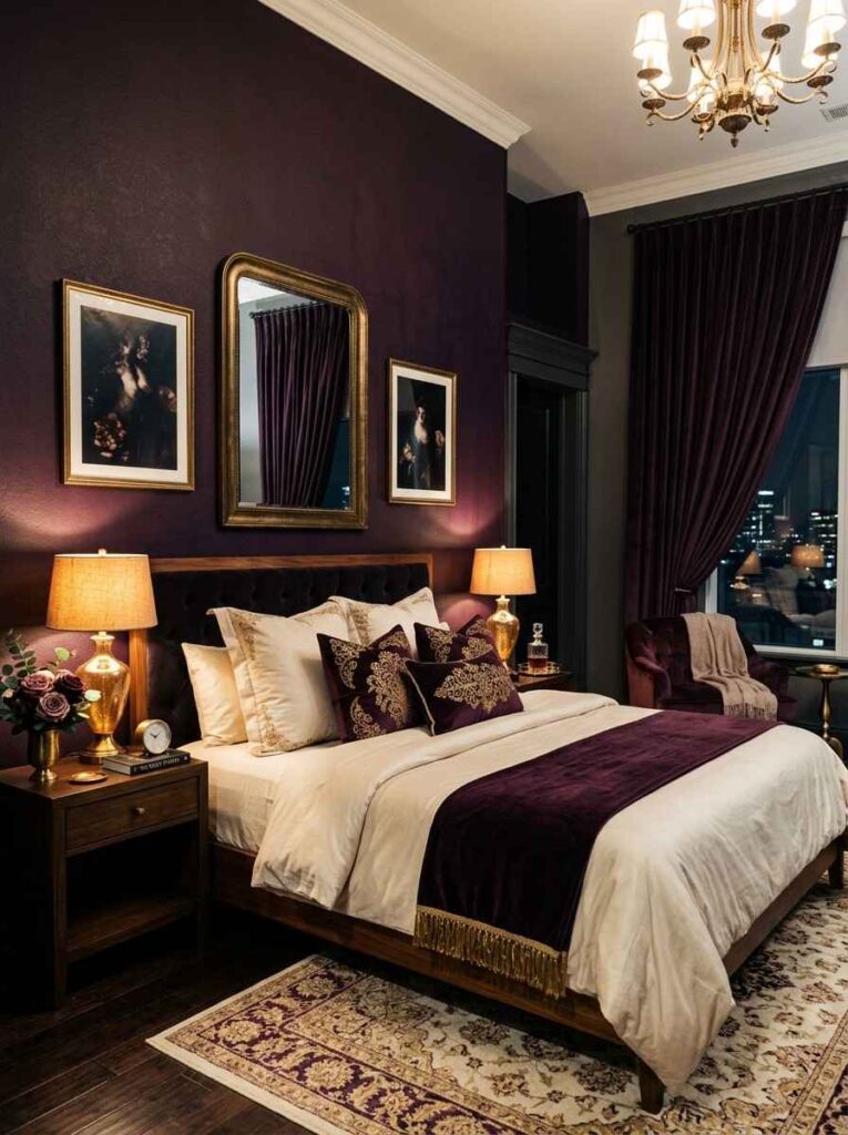 Deep plum accent wall in a luxurious moody bedroom with cream bedding and warm amber gold accents