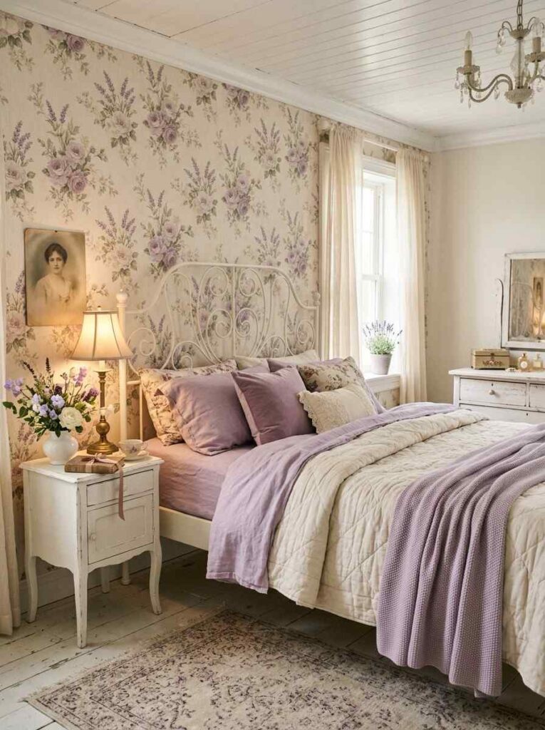 Purple floral wallpaper accent wall in a romantic vintage bedroom with white iron bed frame and soft purple bedding