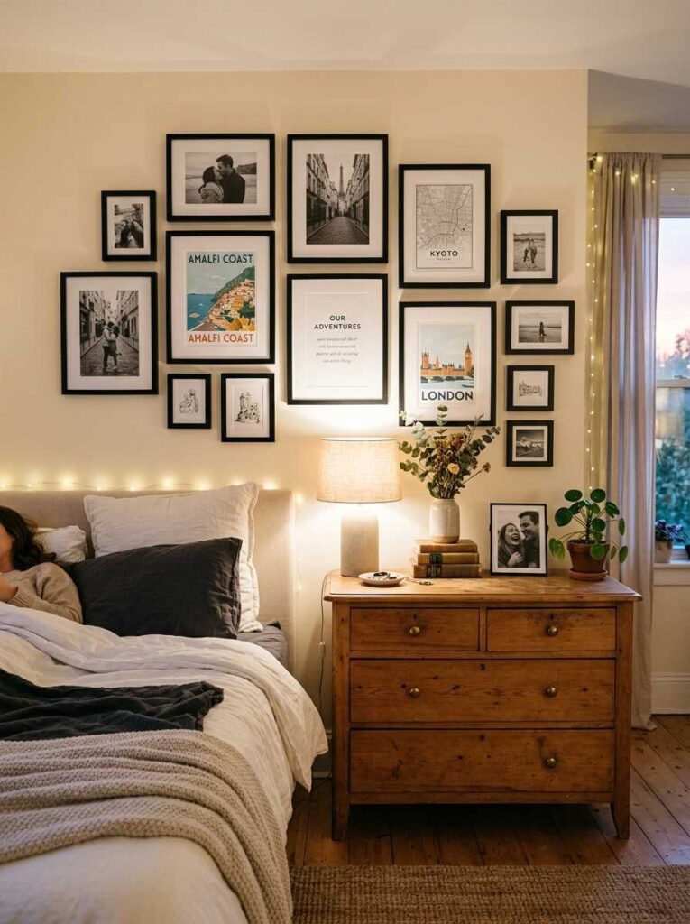 Couples bedroom gallery wall with framed photographs travel prints and artwork above dresser