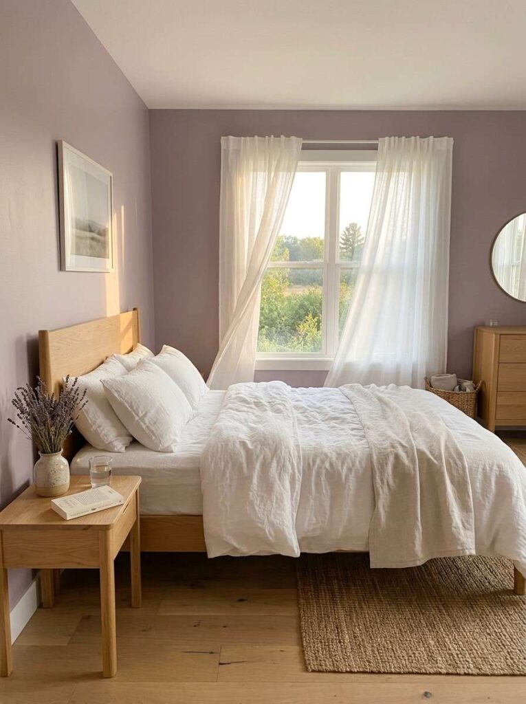 Soft lavender painted walls in a dreamy calm bedroom with white linen bedding and natural wood furniture