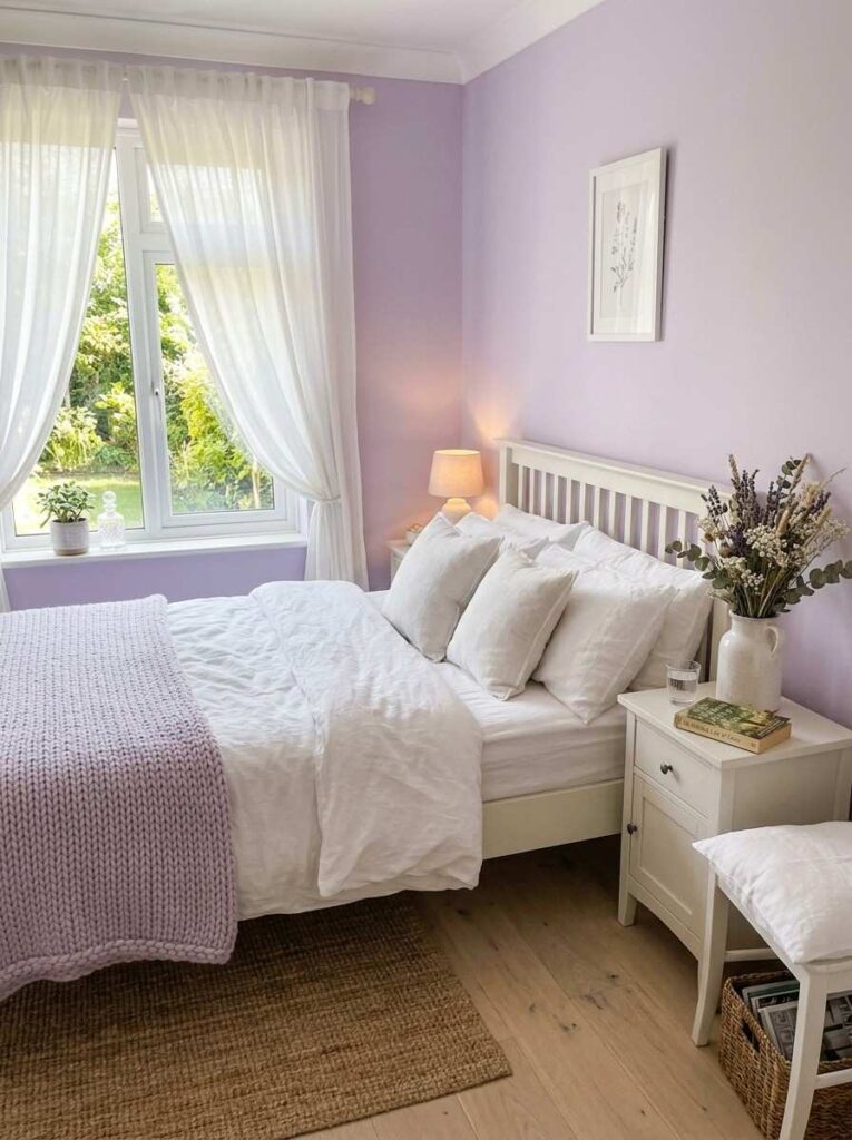 Lilac and white romantic bedroom with white wood furniture dried flowers and soft sheer curtains