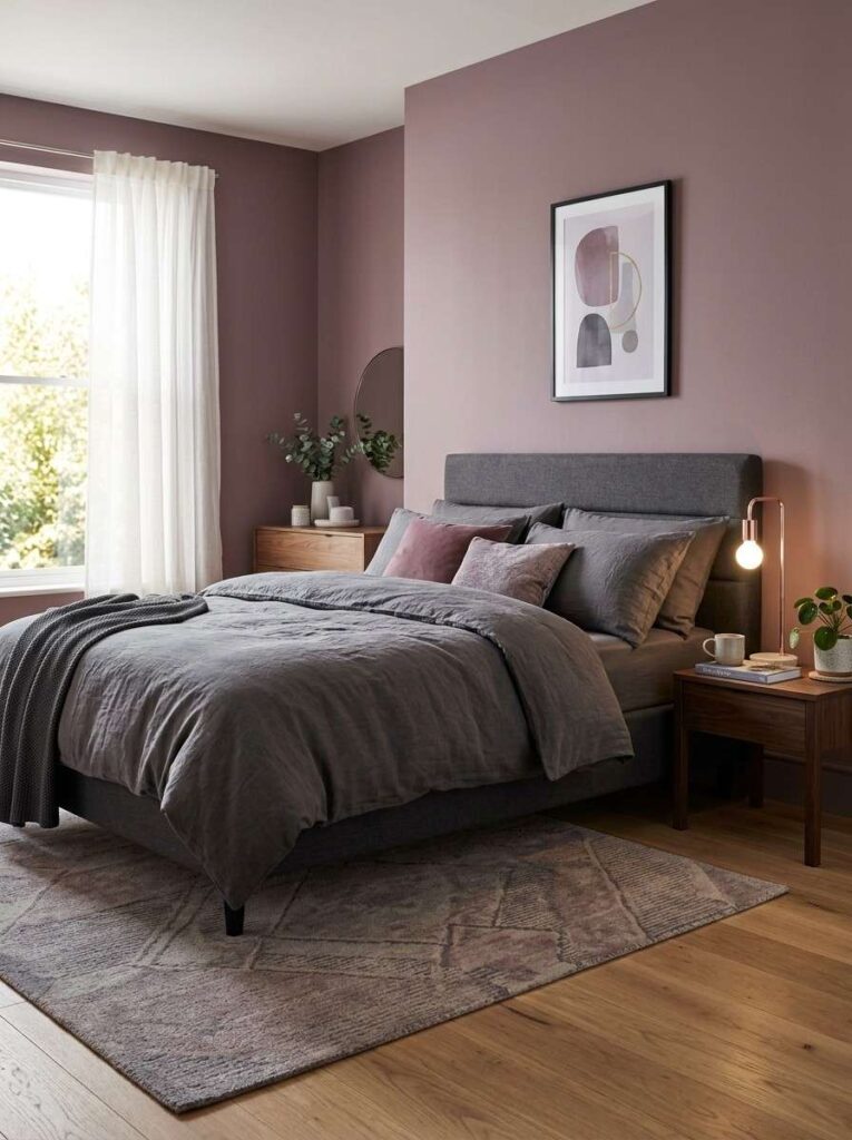 Mauve and grey modern bedroom with charcoal linen bedding rose gold lamp and warm natural lighting