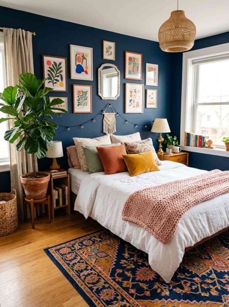 A vibrant styled bedroom with navy blue walls as the base, terracotta orange and mustard yellow throw pillows, sage green plant in corner, blush pink knit throw draped on bed, white bedding, colorful layered and playful interior bedroom photography, warm natural light