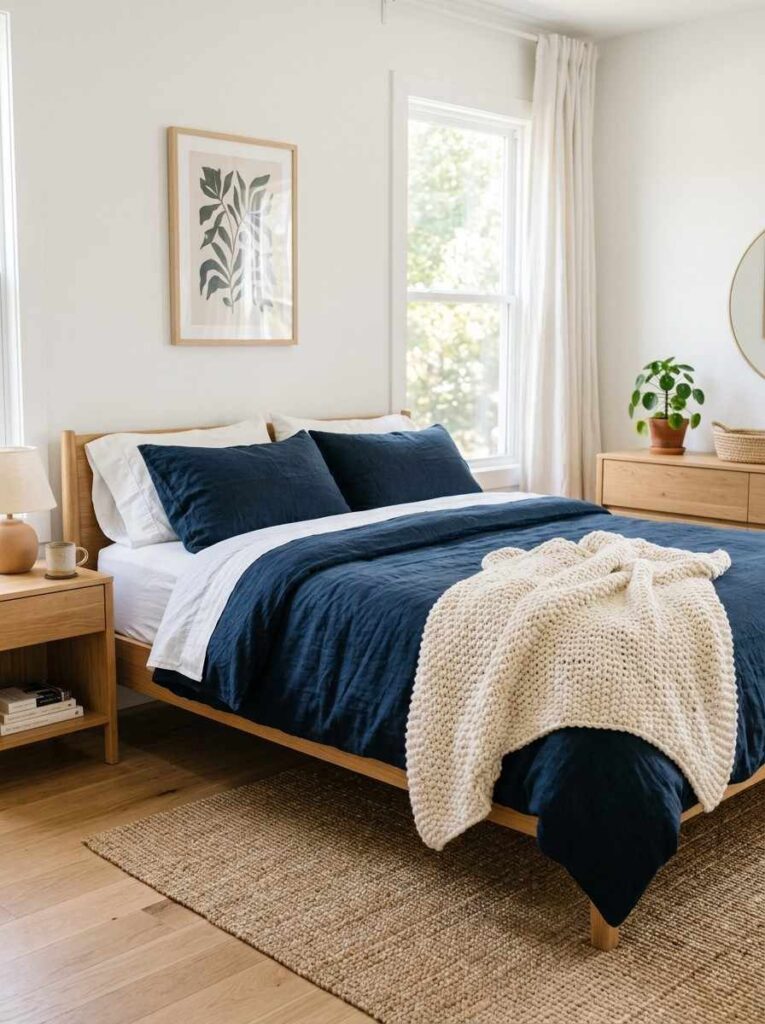 Navy blue bedding on white bedroom walls with cream knit throw jute rug and natural daylight for a cozy timeless look