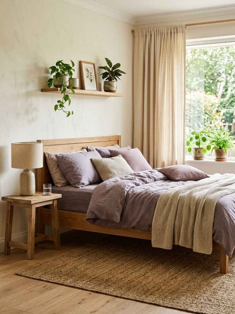 Dusty purple bedding on a natural wood bed frame in a warm earthy bedroom with jute rug and plants