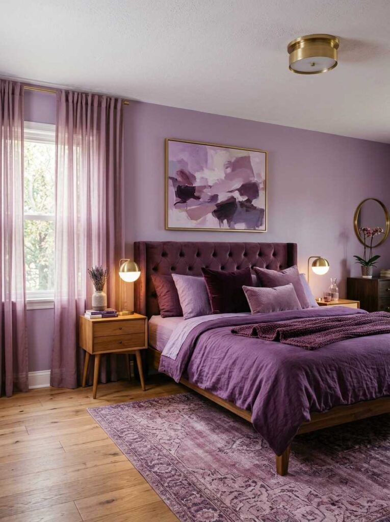 Monochromatic purple bedroom with lilac walls violet bedding plum cushions and mauve curtains in layered tones