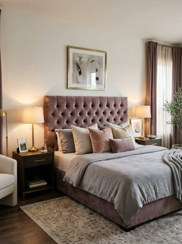 Dusty mauve purple velvet tufted headboard in an elegant bedroom with grey linen bedding and gold accents