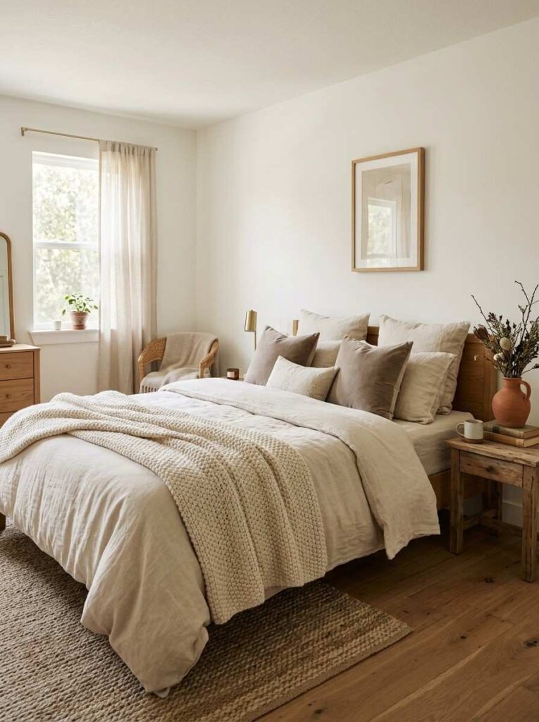 Soft neutral bedroom with warm white walls cream linen bedding and layered textures for couples