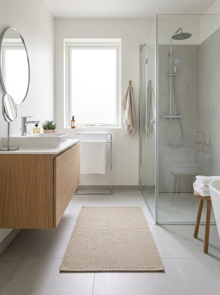 Minimalist non-slip bathroom rug in a clean Scandinavian bathroom.