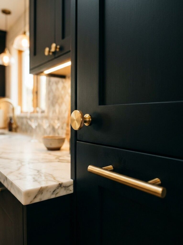 Matte black kitchen cabinets with brushed gold brass hardware and white marble countertops creating a glamorous and luxurious kitchen design