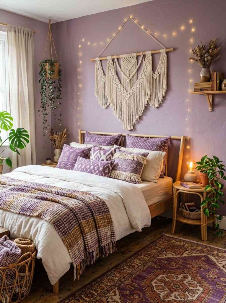 Purple boho bedroom with macrame wall hanging layered textures rattan furniture and trailing plants