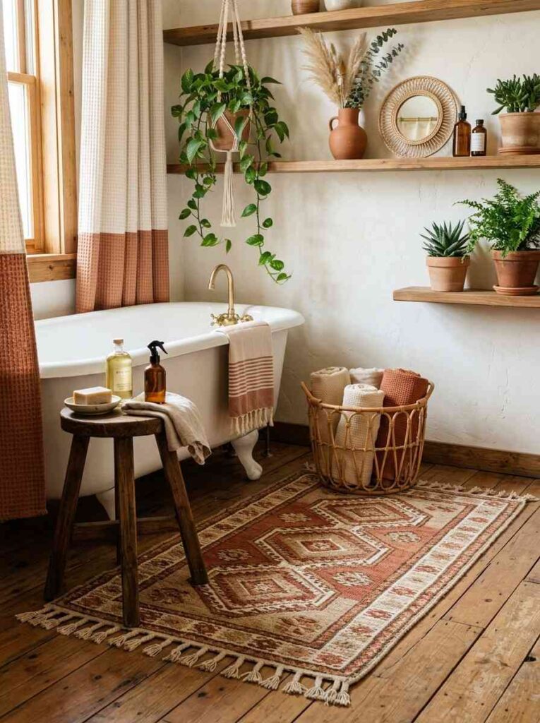 Boho woven bathroom rug with earthy decor and natural textures.