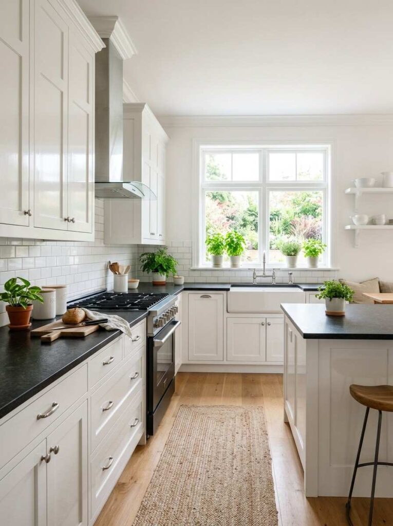 Black countertops with white cabinets subway tile backsplash and brushed nickel hardware in a bright classic kitchen
