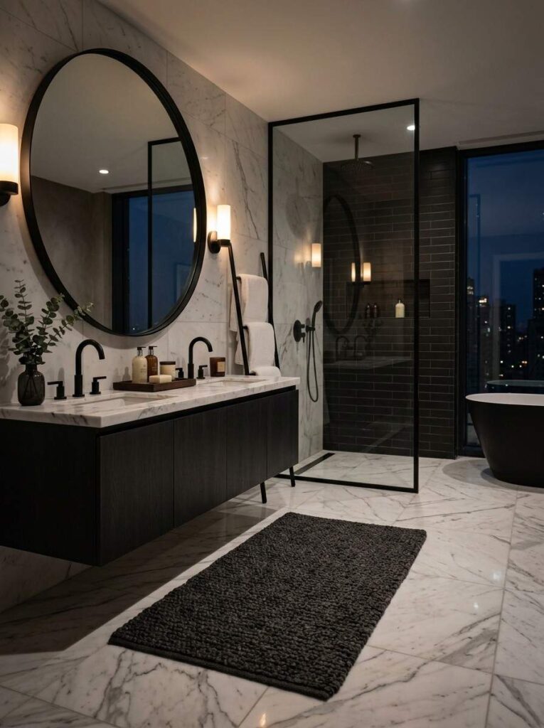 Dark colored bathroom rug creating contrast in a luxury bathroom.