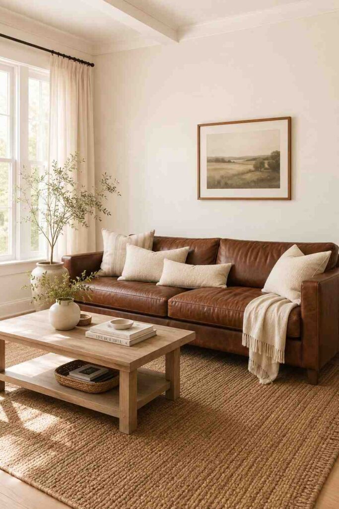 Brown couch against creamy white walls with linen curtains jute rug and light wood coffee table in bright living room