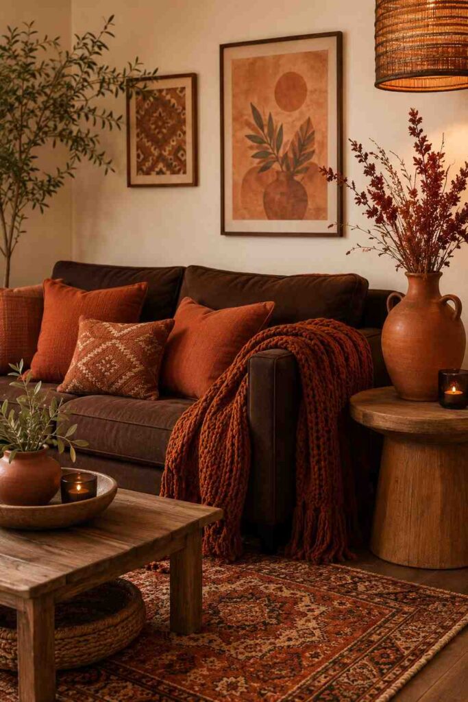 Brown sofa with burnt orange throw pillows terracotta vase and amber knit throw in cozy boho living room