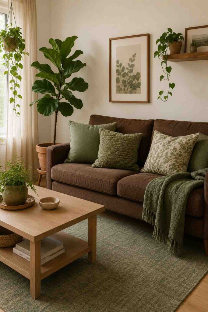 Brown couch with sage green cushions moss rug and green plants in calm natural Scandinavian living room