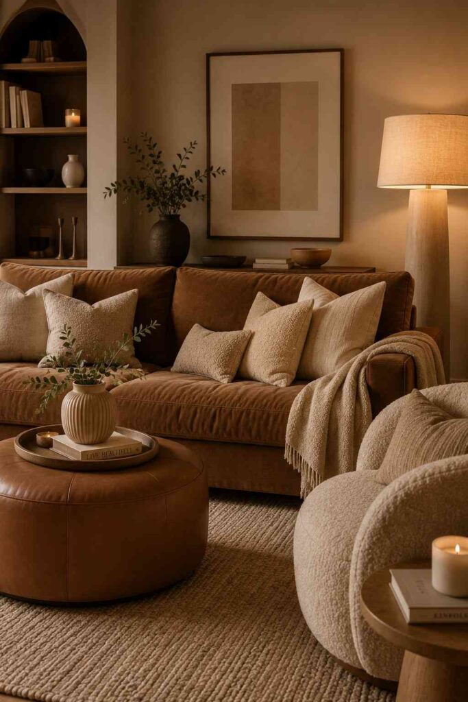 Brown sofa with cream boucle cushions caramel ottoman and beige rug in sophisticated tonal neutral living room