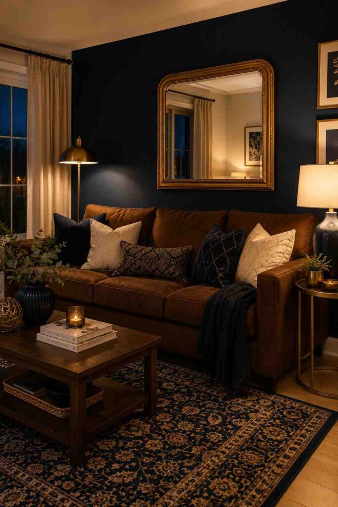Brown sofa against navy blue accent wall with brass lamp gold mirror and navy cushions in bold living room