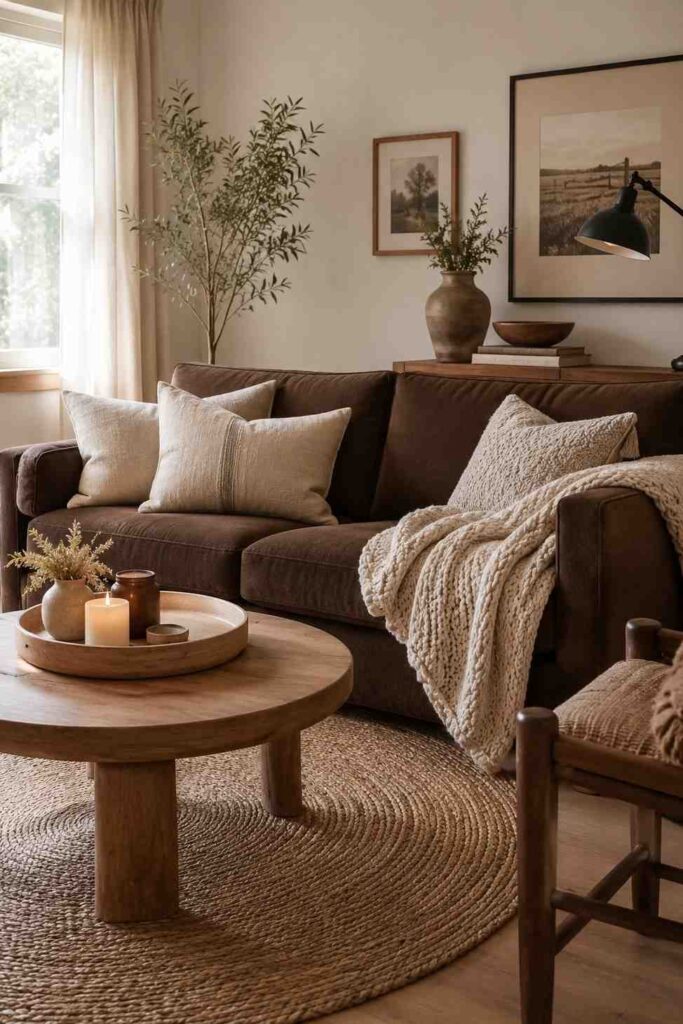 Dark brown sofa with chunky ivory knit throw oatmeal cushions and jute rug in relaxed cozy living room