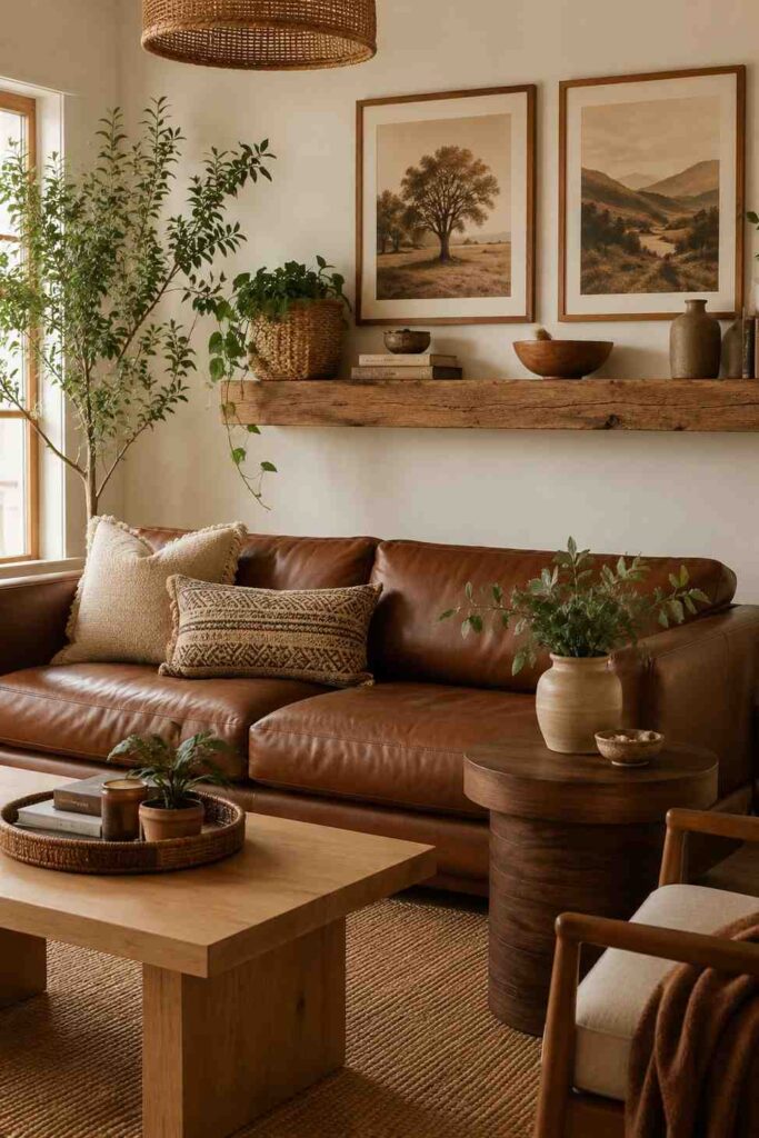 Brown leather sofa with oak coffee table reclaimed wood shelf and walnut side table in warm earthy living room