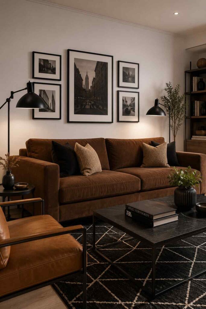 Brown sofa with matte black lamp frames and geometric rug creating moody contrast in polished living room