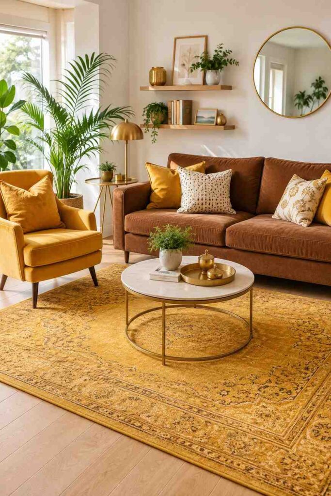 Brown sofa with mustard yellow armchair golden cushions and mustard rug in cheerful sunny living room