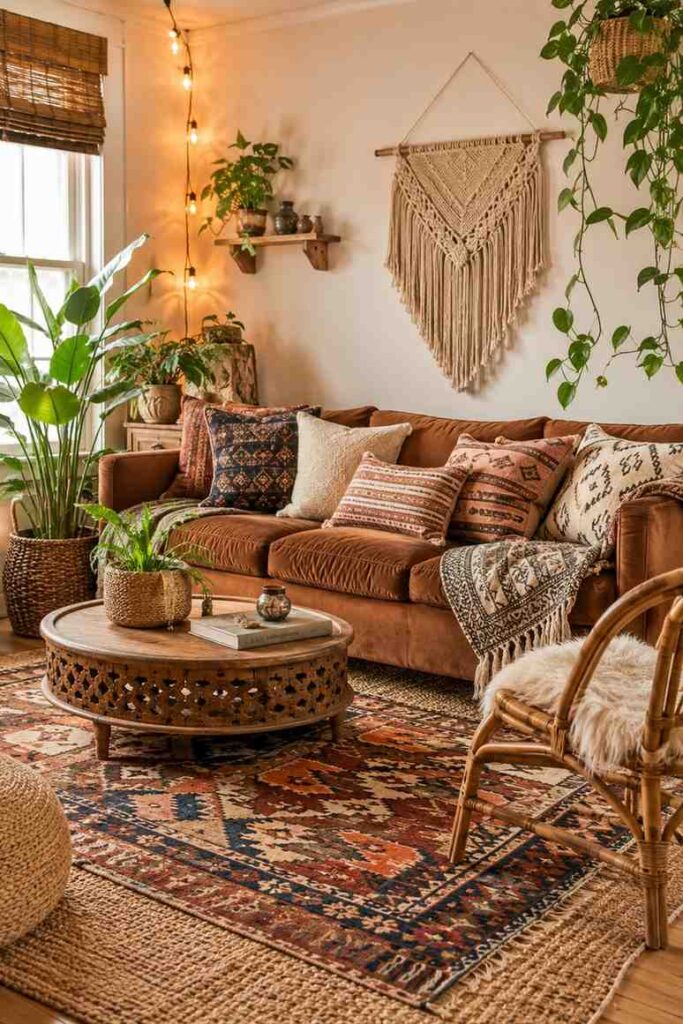 Brown sofa with kilim rug mixed cushions macrame wall art and trailing plants in cozy boho layered living room