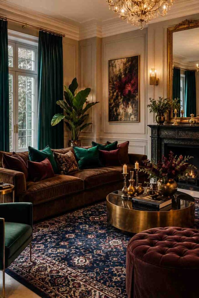 Dark brown sofa with emerald green burgundy velvet cushions jewel tone rug and gold accents in luxurious living room