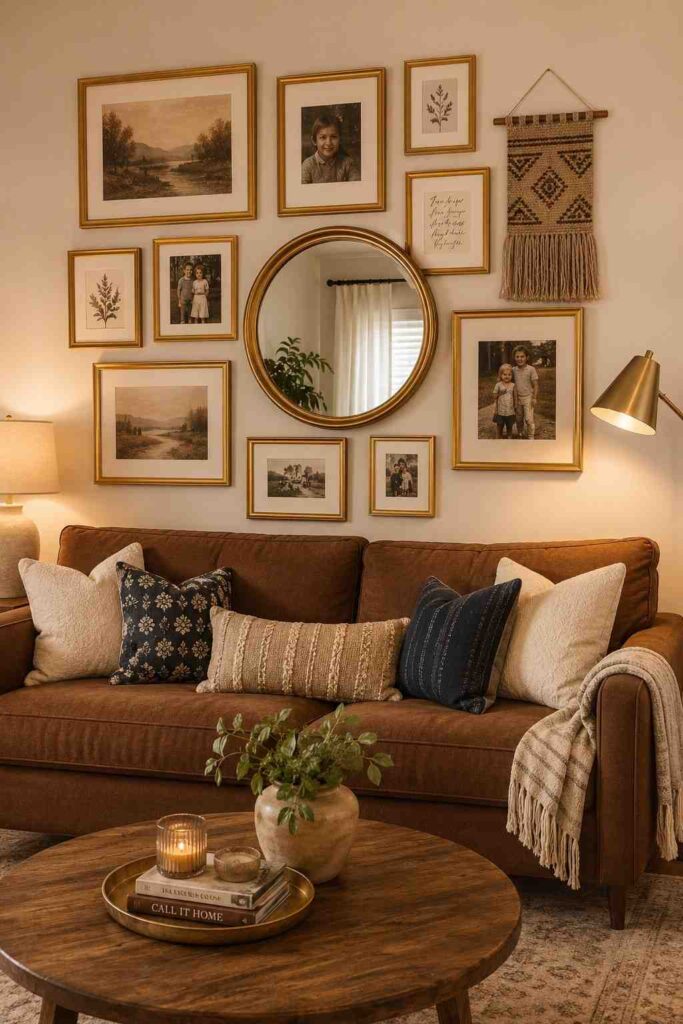 Brown sofa below curated gallery wall with gold frames warm art prints woven hanging and round mirror in styled living room
