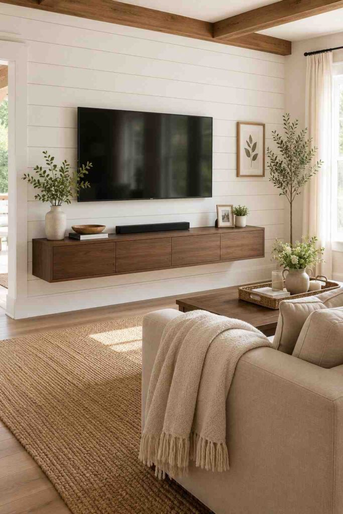White shiplap TV wall with floating walnut console and cozy farmhouse living room decor in natural light