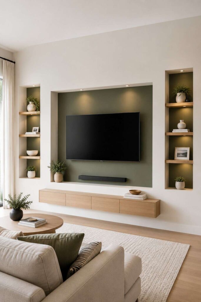 Recessed TV niche with sage green painted interior and flush mounted screen in clean modern living room